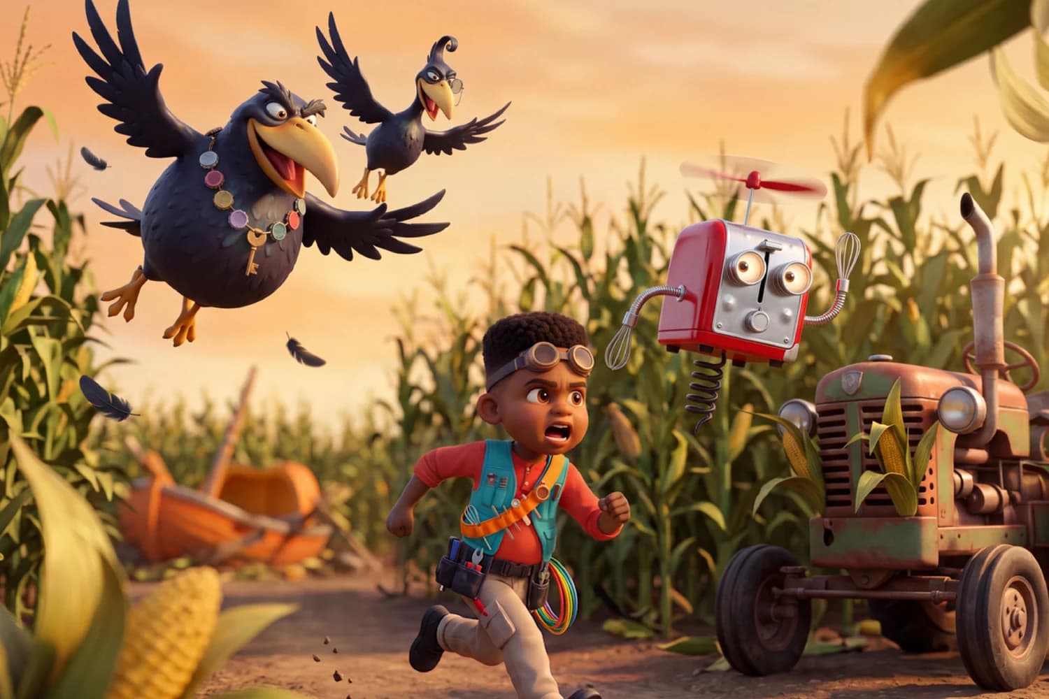 A crow wearing a necklace of shiny buttons swoops over a cornfield as the example child runs past a rusty tractor and Doodad hovers nearby in Home By Dinner.