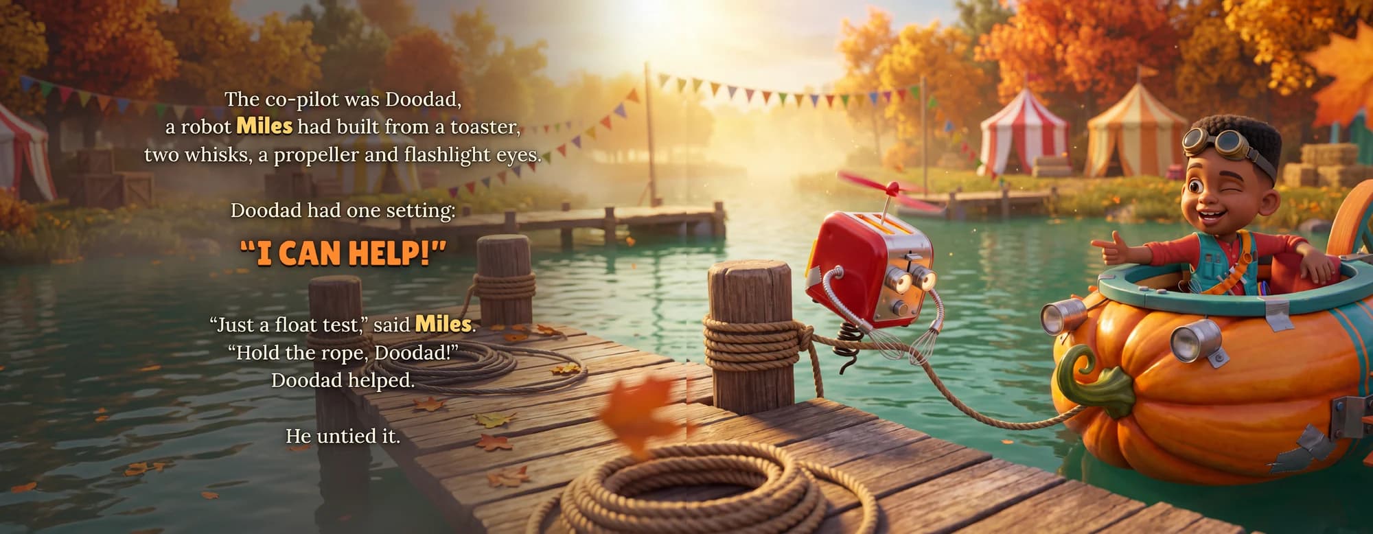 A sample spread from Home By Dinner: Doodad, a red toaster robot with a propeller, holds a rope on a dock while the example child, Miles, winks from a pumpkin boat.