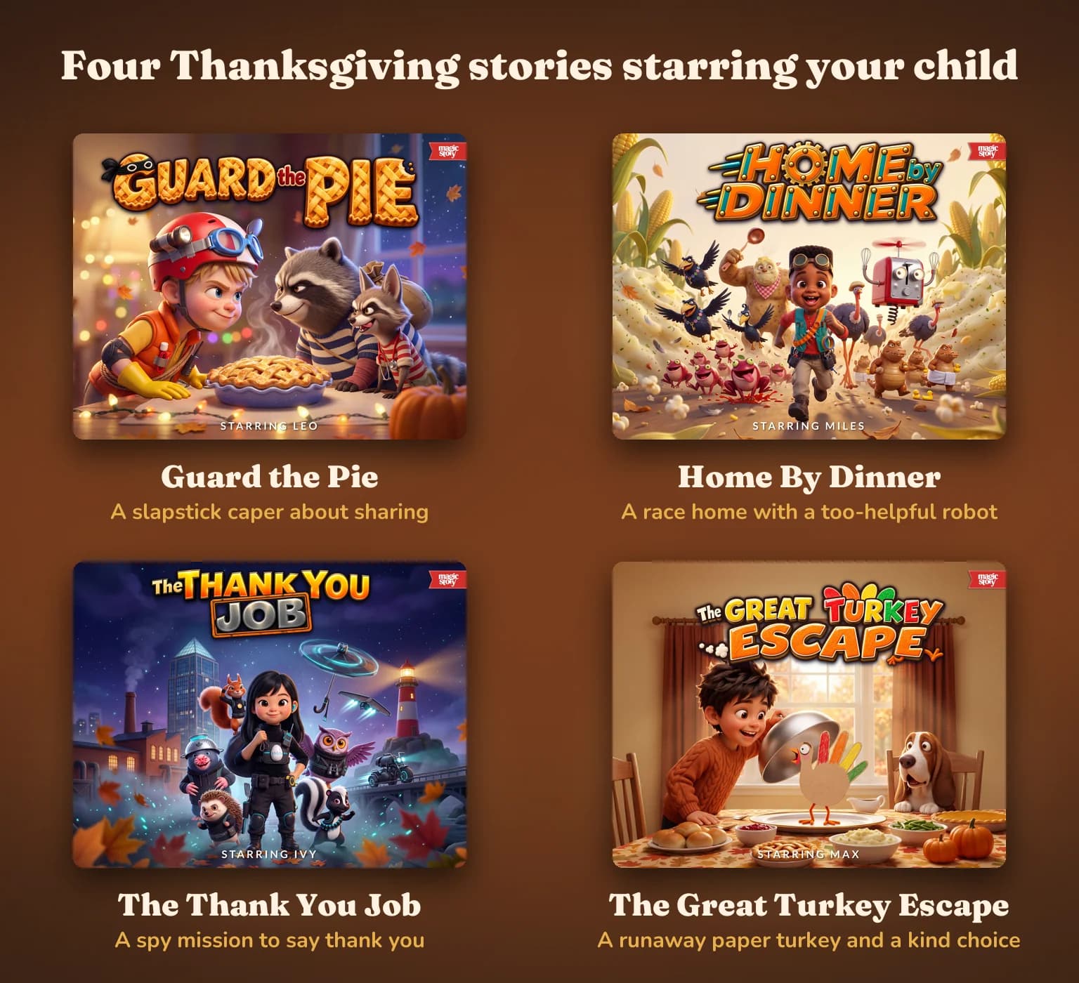 The covers of Guard the Pie, Home By Dinner, The Thank You Job and The Great Turkey Escape, each with a one-line description.