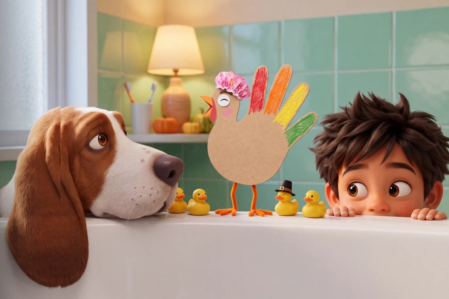 Gobble hides among rubber ducks on the edge of a bathtub wearing a flowery shower cap, while Gravy and the example child peek at him in The Great Turkey Escape.