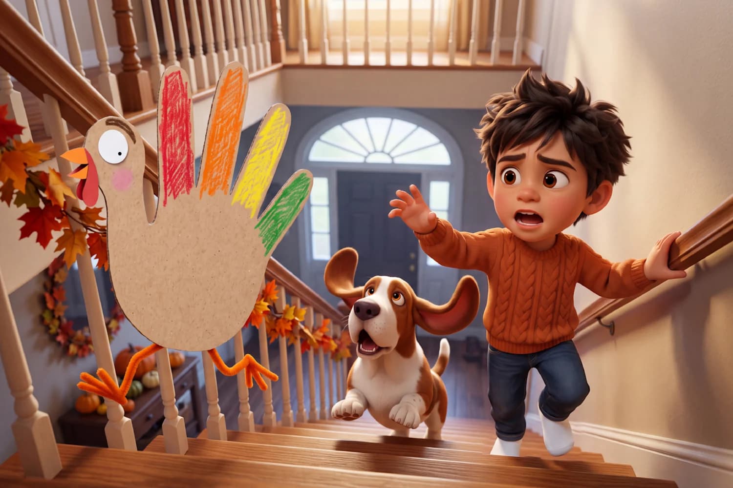 Gobble the paper turkey hops up the stairs as Gravy the basset hound and the example child chase after him in The Great Turkey Escape.