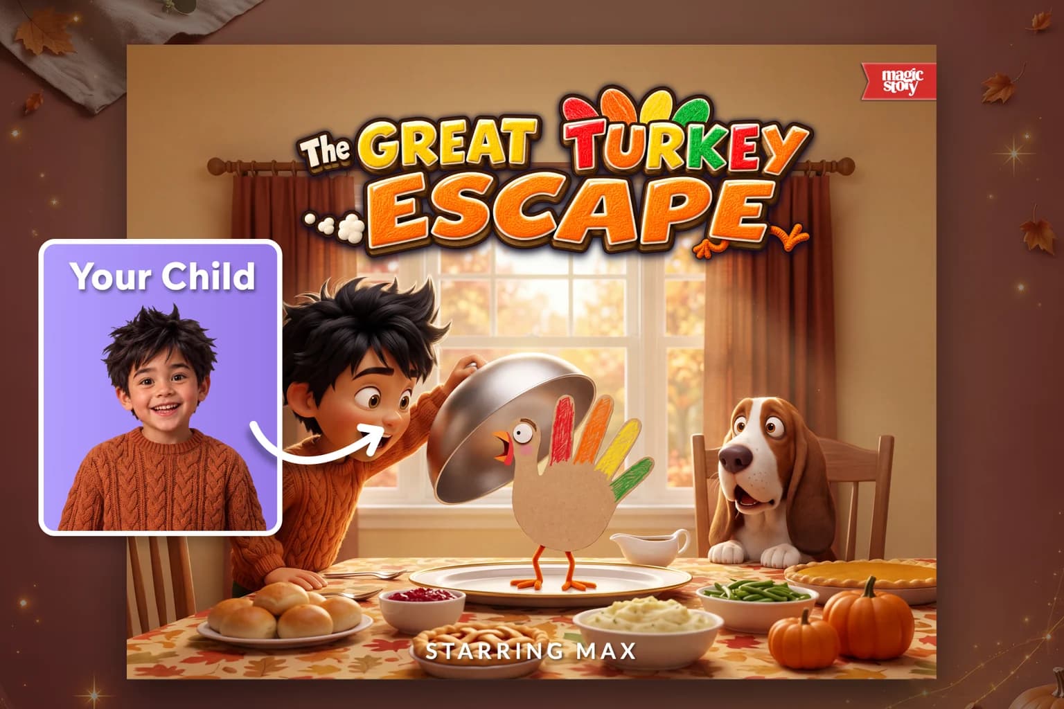 A photo of a smiling boy in an orange sweater, labeled Your Child, with an arrow to the same boy as the hero on the cover of The Great Turkey Escape.