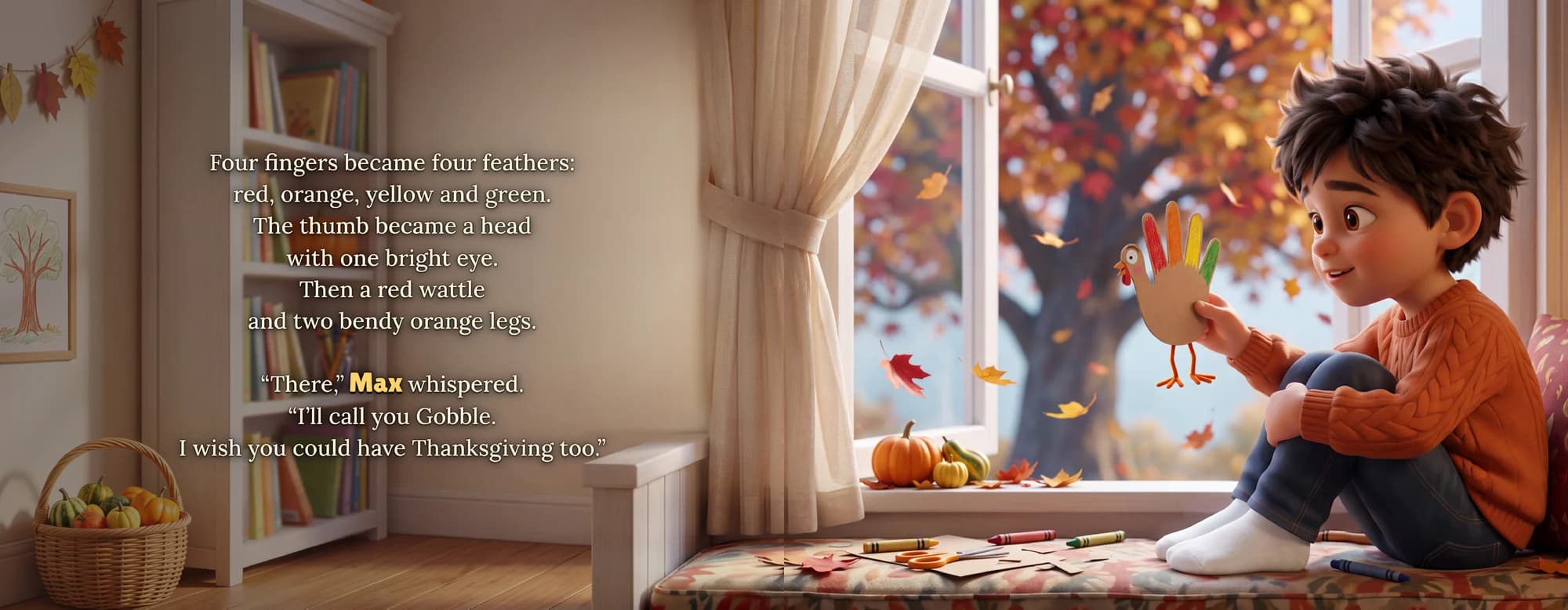 A sample spread from The Great Turkey Escape: the example child, Max, sits in a window seat holding up Gobble, a paper hand turkey with red, orange, yellow and green feathers.