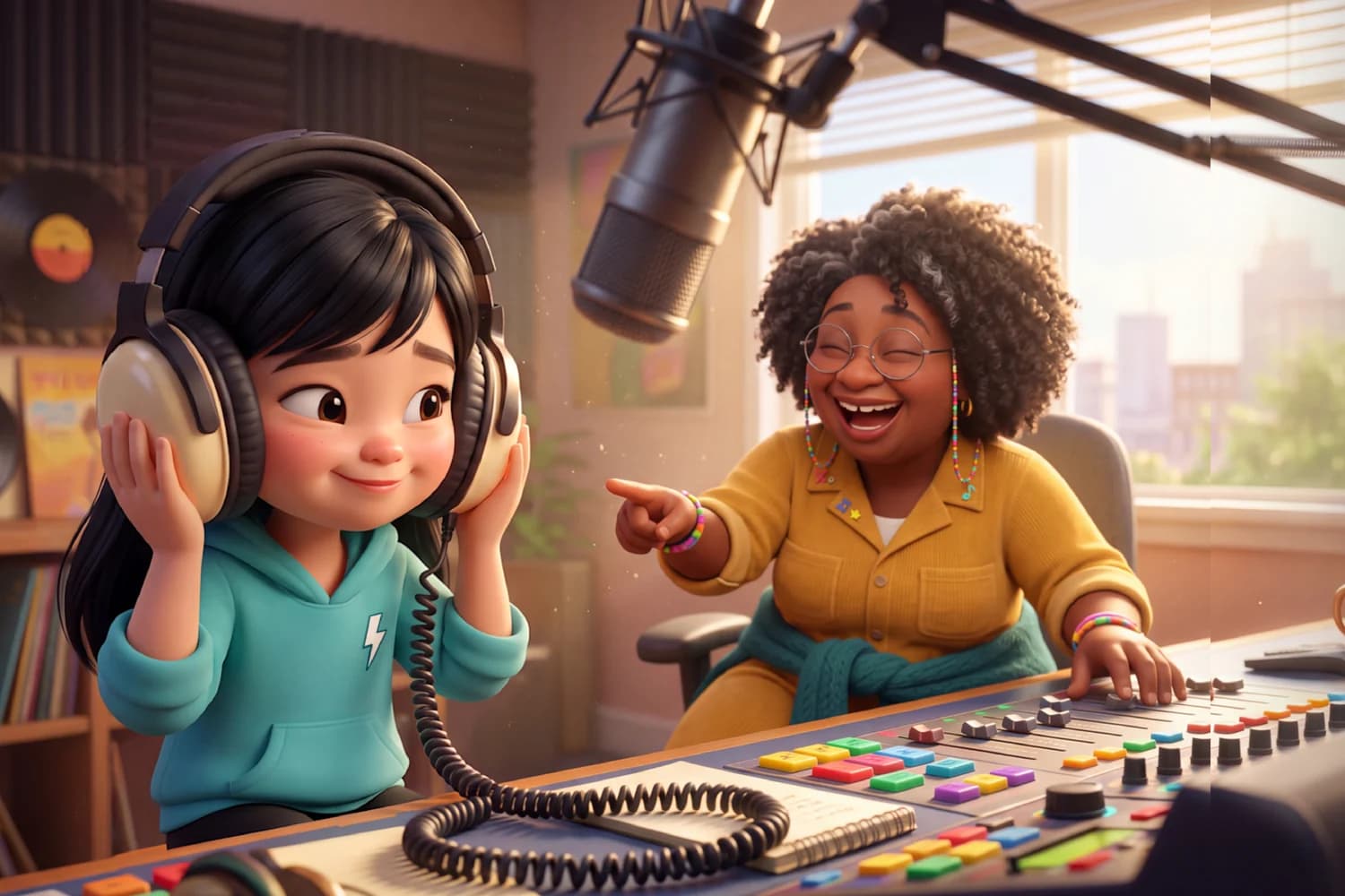 The example child tries on big headphones while a laughing radio host points at her in a sunny studio in The Thank You Job.