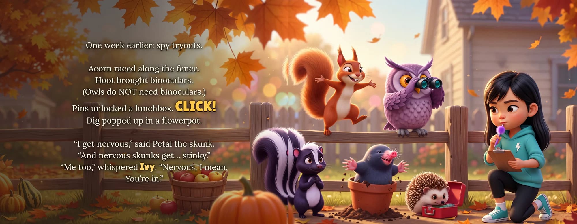 A sample spread from The Thank You Job: spy tryouts by a backyard fence with a squirrel, an owl with binoculars, a skunk, a mole in a flowerpot, a hedgehog and the example child, Ivy, holding a clipboard.