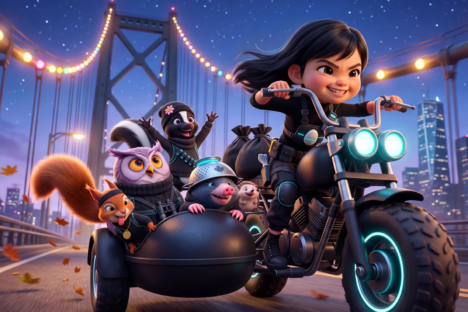 The example child rides a spy motorcycle across a lit-up bridge at night with the critter crew in the sidecar in The Thank You Job.