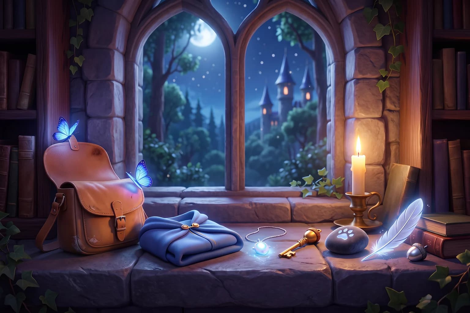 A leather satchel, a folded blue cape, a glowing locket, a golden key with an acorn handle, a stone with a paw print, a silver feather and a silver acorn on a castle windowsill at night.
