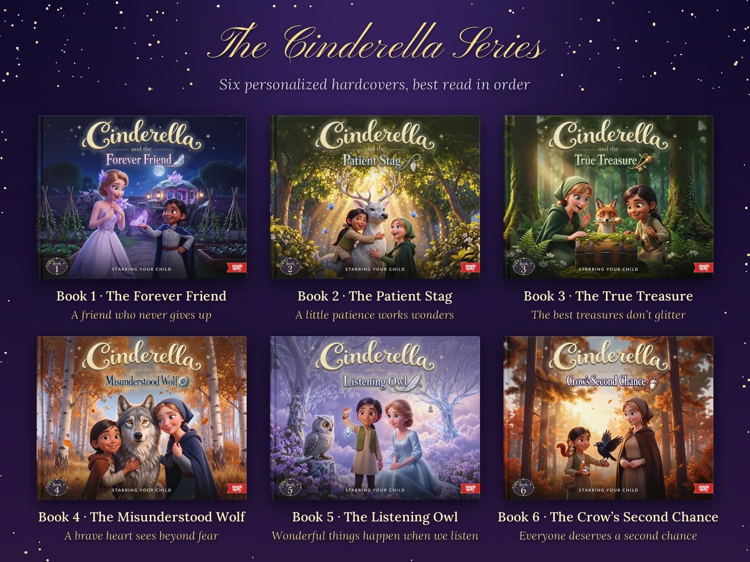 The six Cinderella Series covers in reading order, from The Forever Friend to The Crow's Second Chance, each with the lesson it teaches.