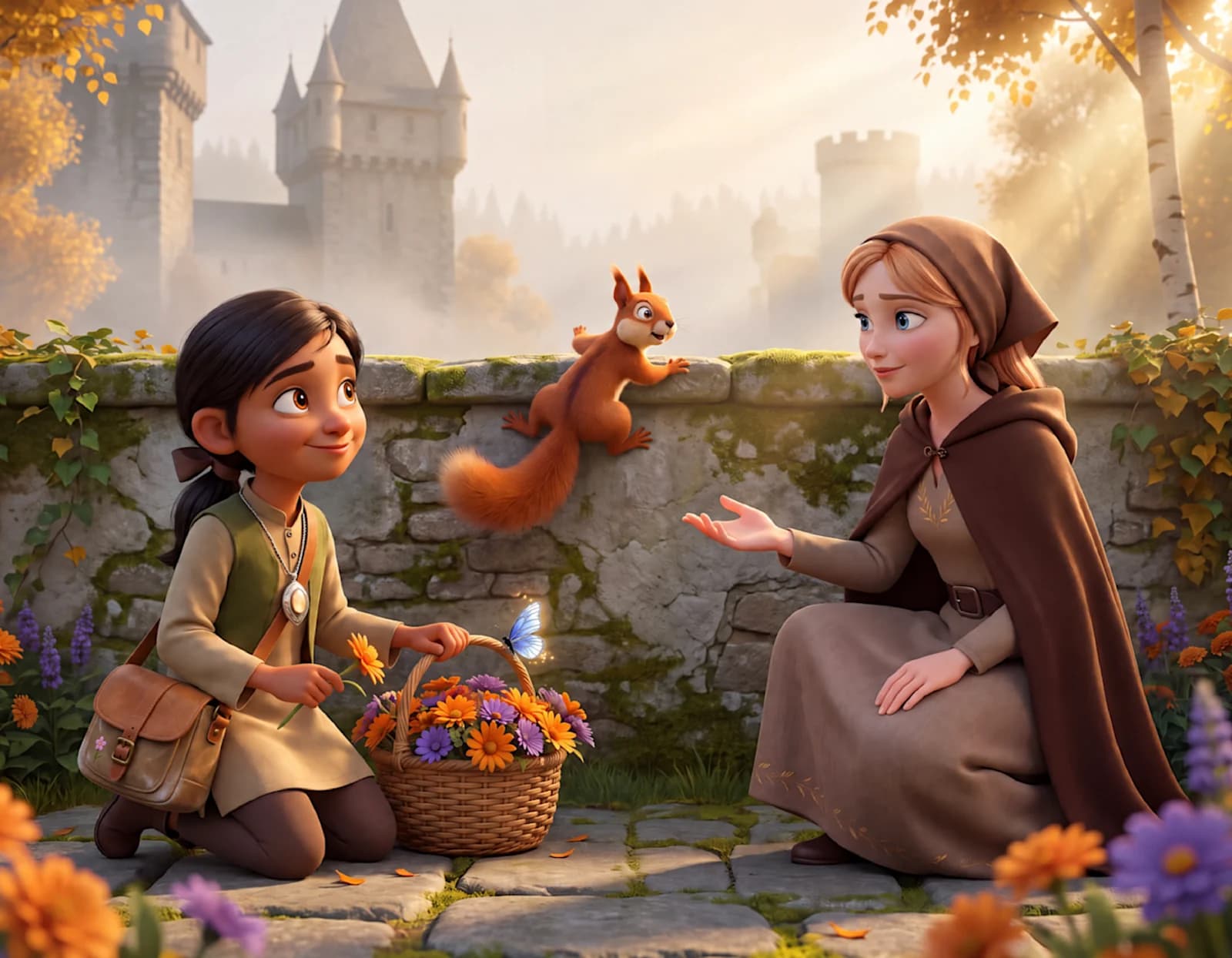 A red squirrel scrambles onto a garden wall between a child picking flowers and Cinderella in Cinderella and the Crow's Second Chance.