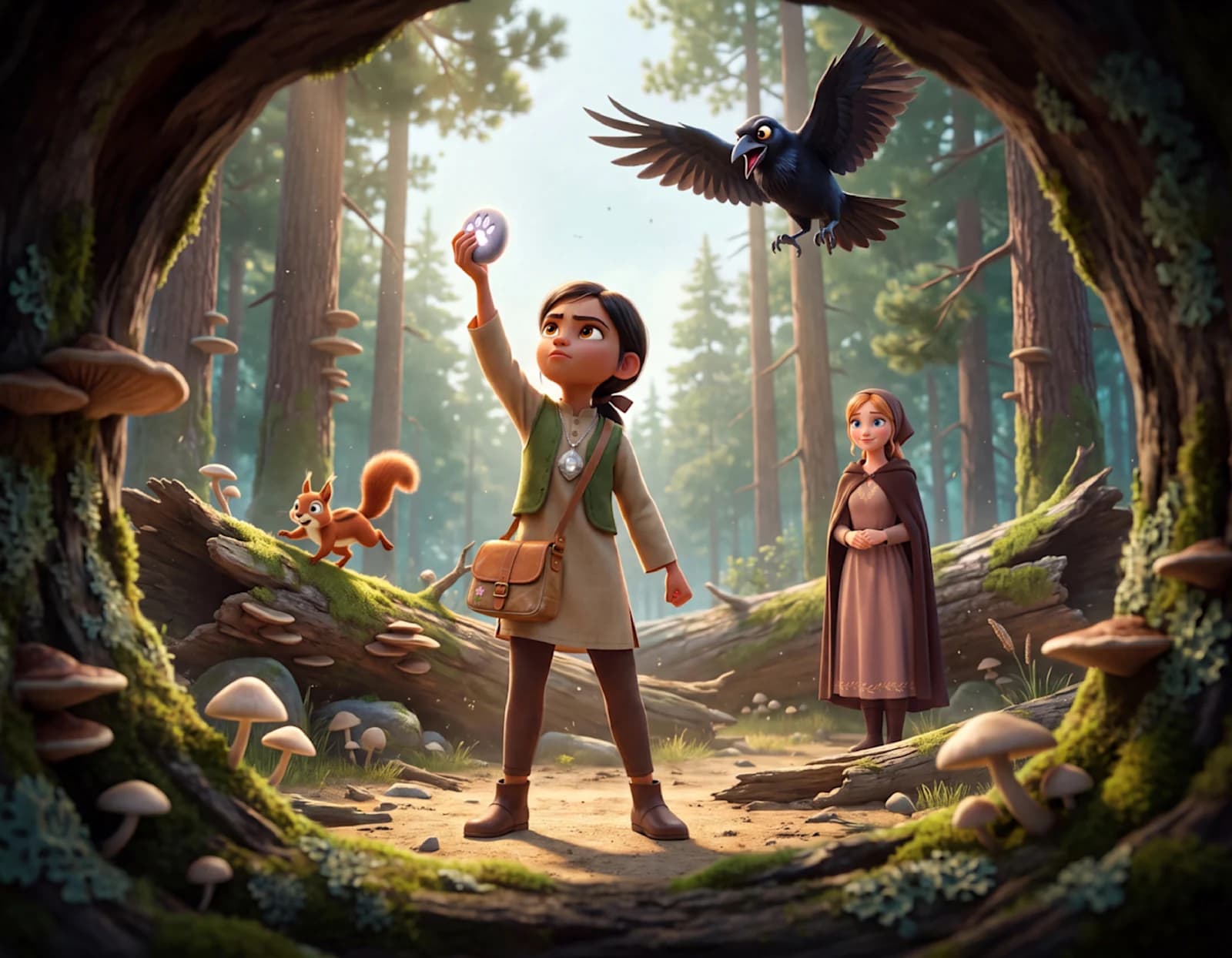 A black crow swoops overhead as a child holds up a velvet stone with a glowing paw print in a forest clearing in Cinderella and the Crow's Second Chance.