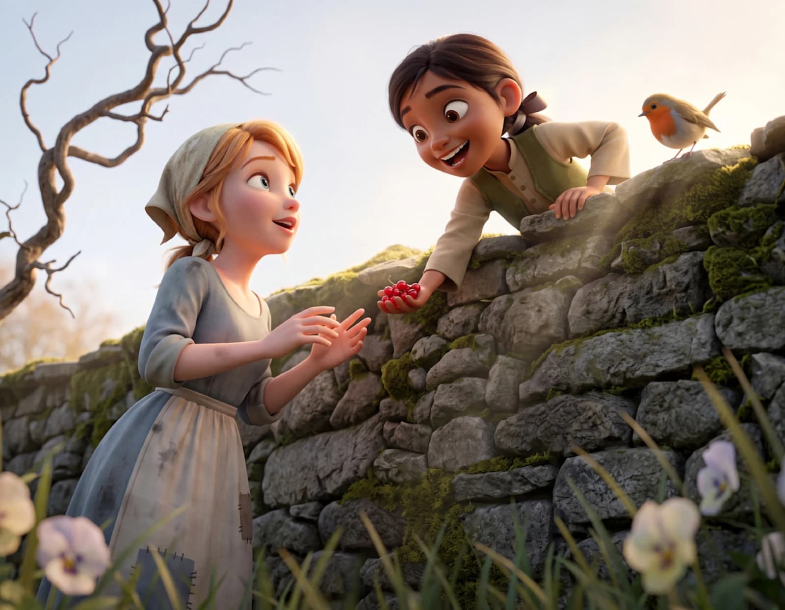 A child leans over a mossy garden wall to give Cinderella a handful of red berries in Cinderella and the Forever Friend.