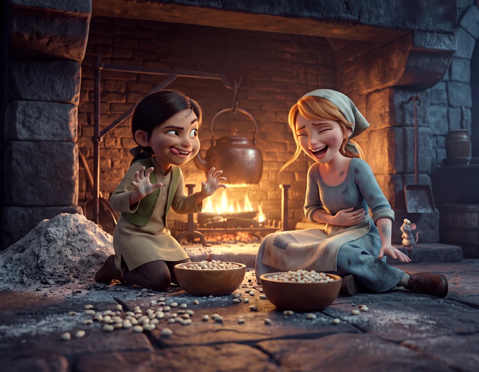 A child makes Cinderella laugh beside bowls of beans in front of a kitchen fireplace in Cinderella and the Forever Friend.