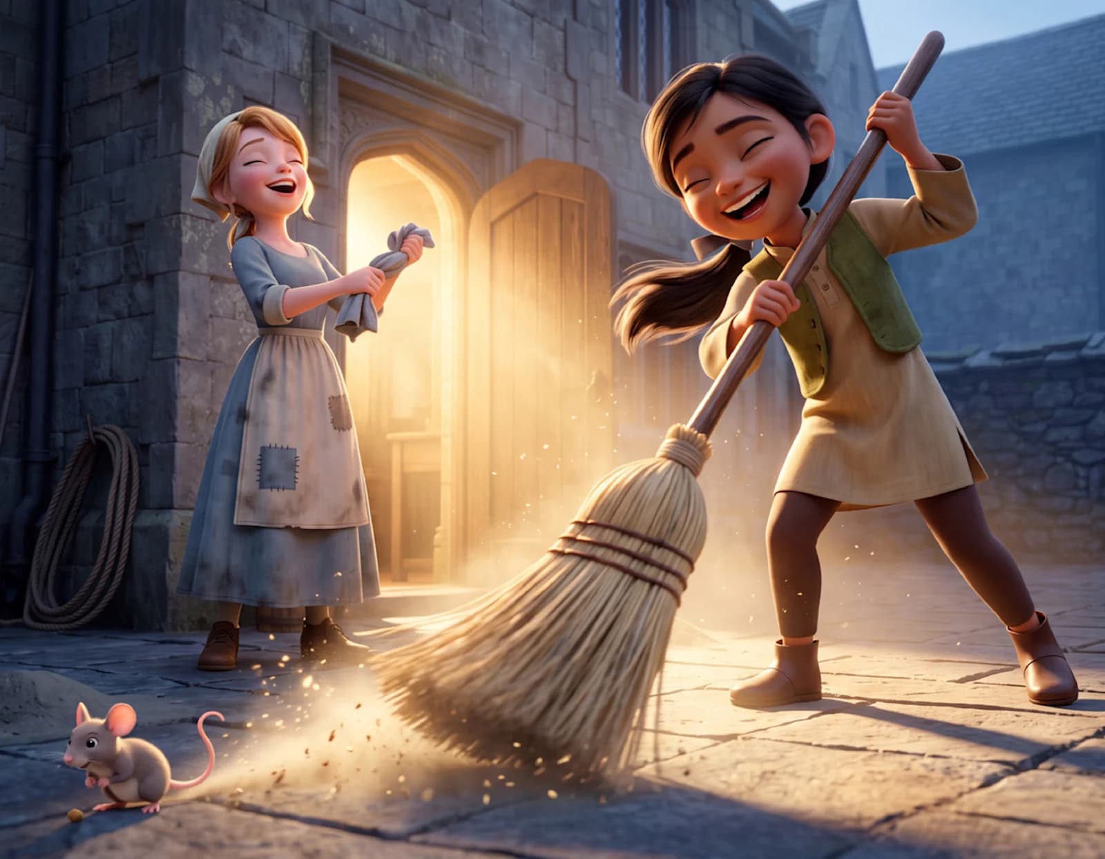 A child sweeps a stone courtyard with a big broom while Cinderella laughs beside an open door in Cinderella and the Forever Friend.