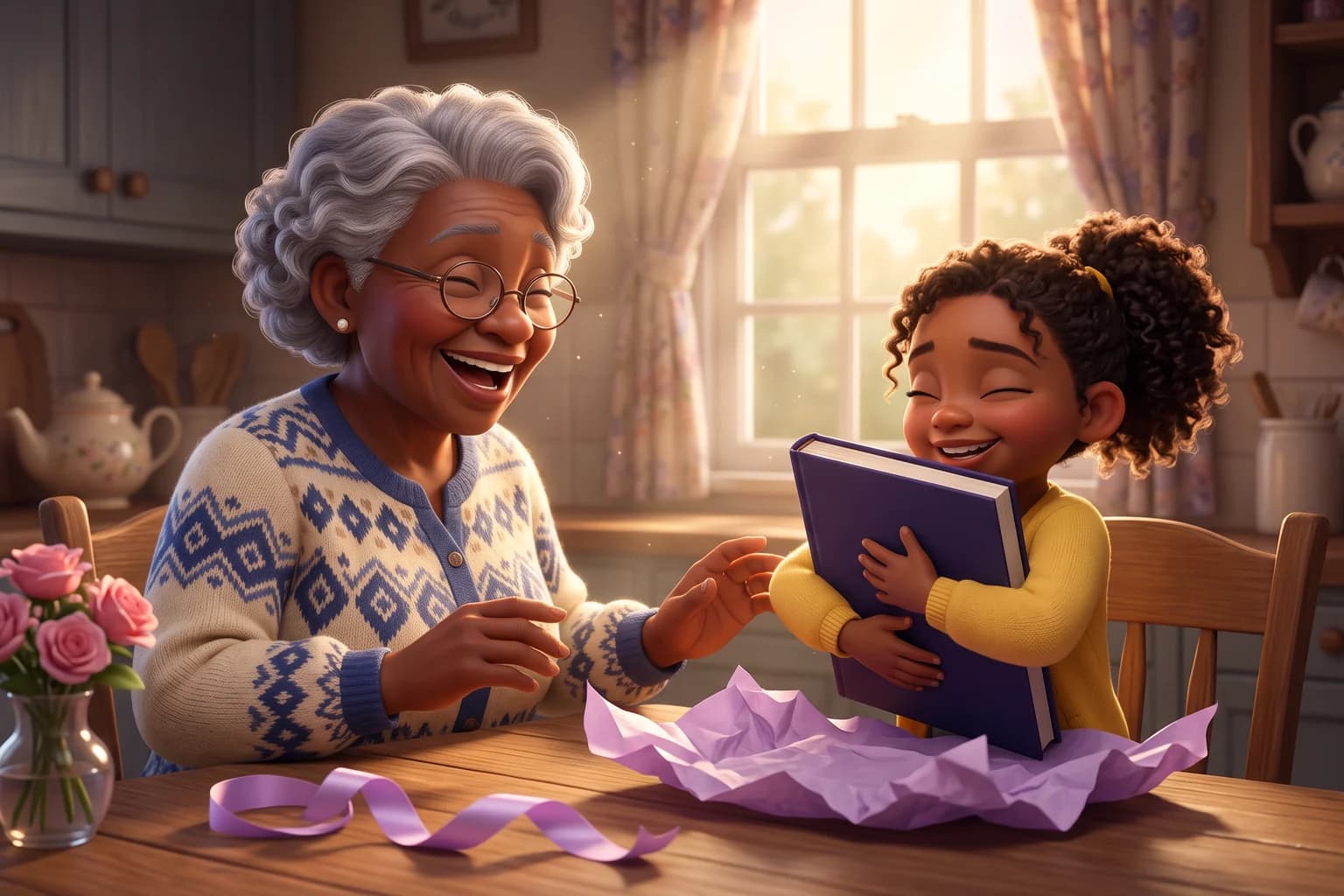 A laughing grandmother watches her granddaughter hug a purple hardcover book to her chest at a sunny kitchen table with lavender tissue paper.