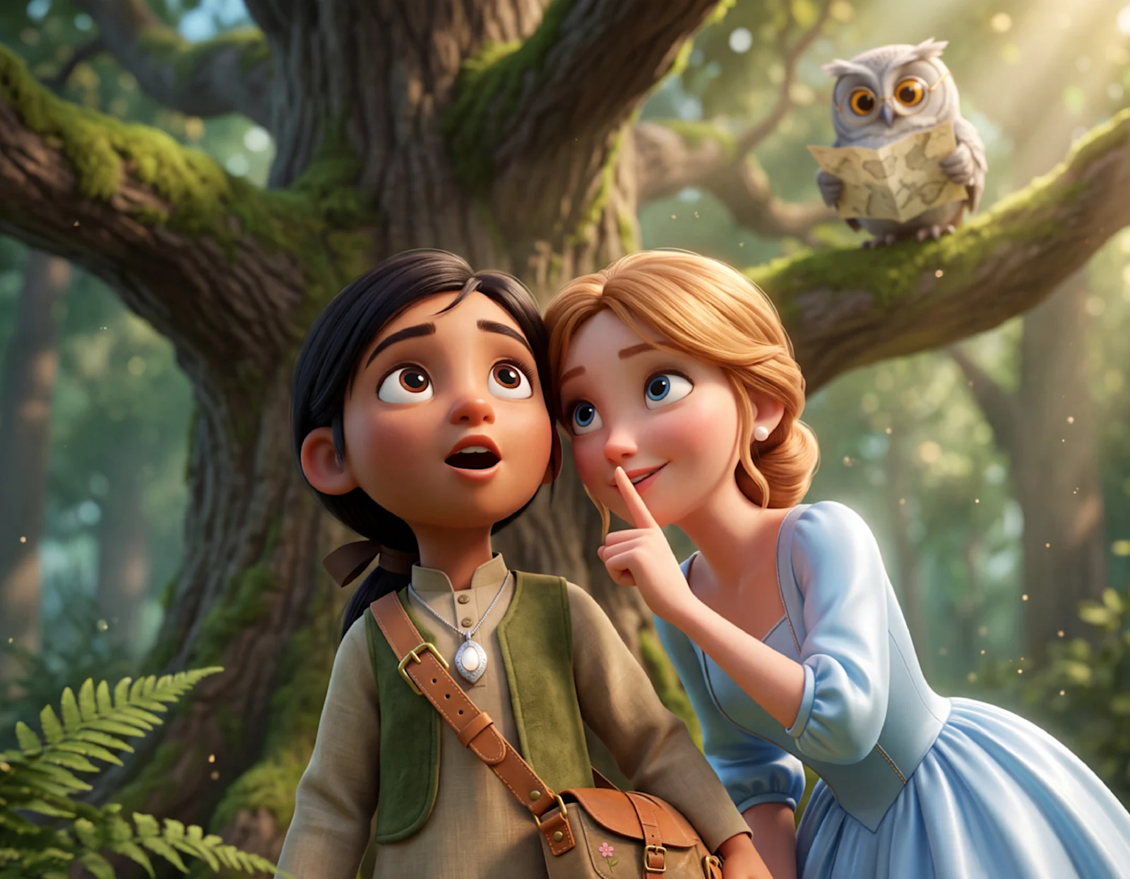Cinderella holds a finger to her lips beside a wide-eyed child while an owl with a map sits on a branch above in Cinderella and the Listening Owl.