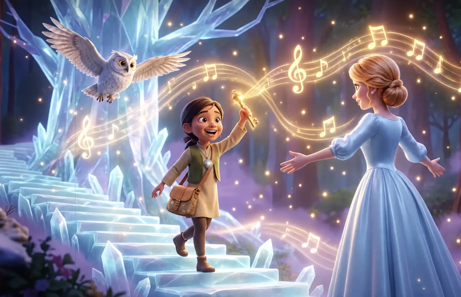 A child climbs glowing crystal stairs under swirling golden music notes as an owl flies overhead and Cinderella watches in Cinderella and the Listening Owl.