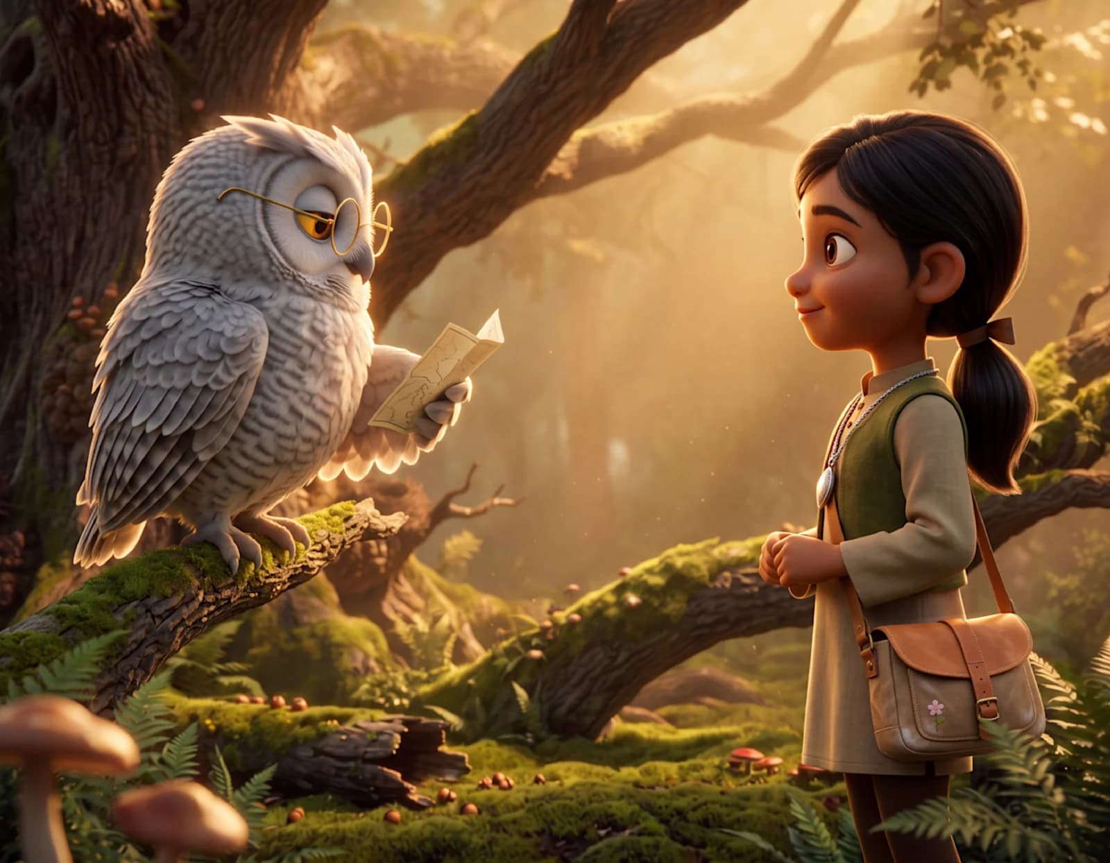 A wise old owl in round glasses holds a paper map on a mossy branch and faces a child in golden forest light in Cinderella and the Listening Owl.
