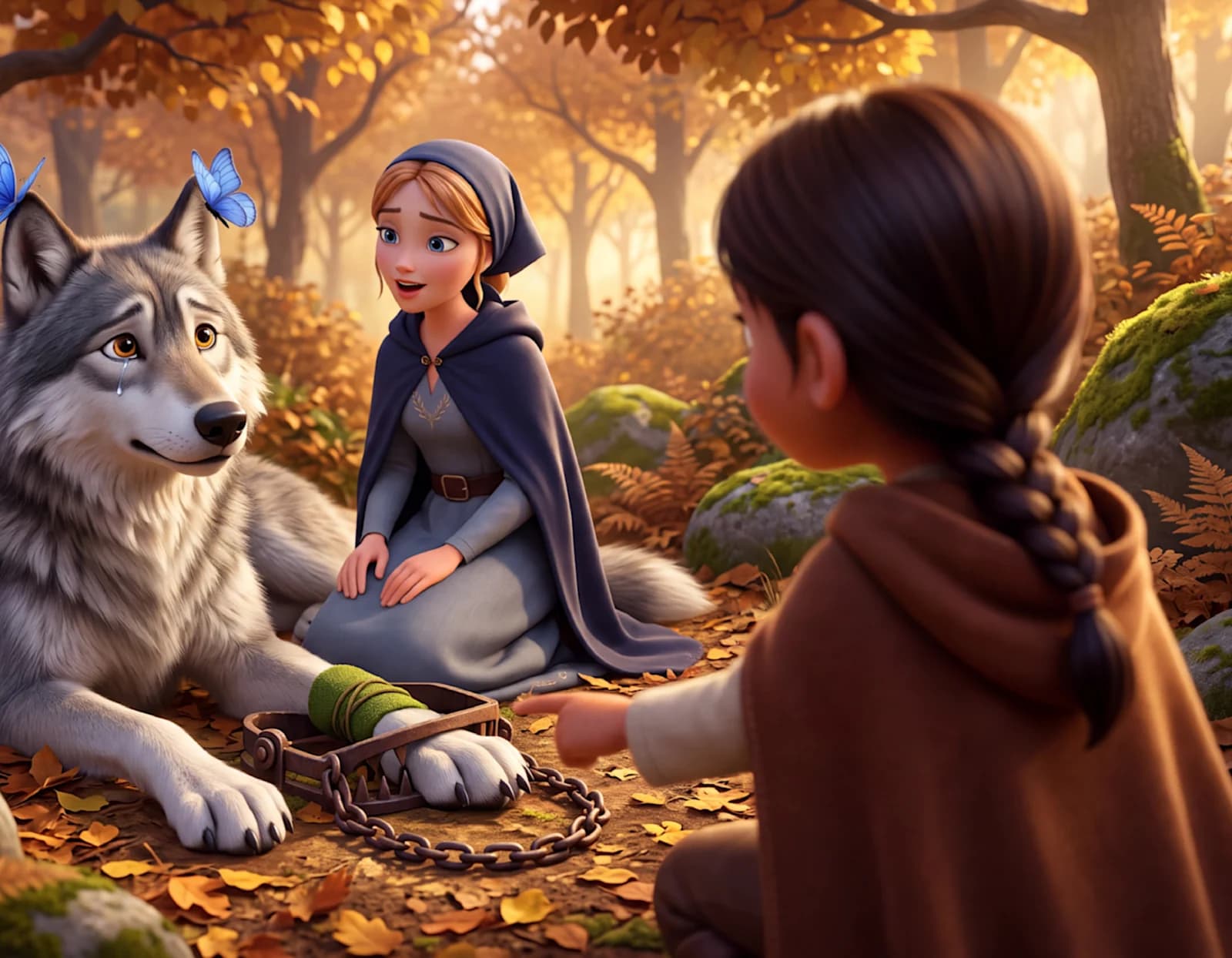 A great gray wolf with his paw in a trap rests beside Cinderella as a child reaches toward him in an autumn ravine in Cinderella and the Misunderstood Wolf.