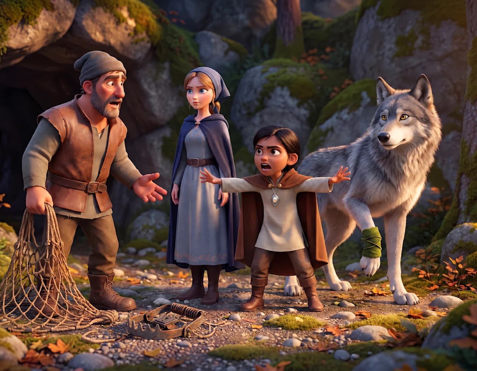 A child stands with arms wide between a hunter holding a net and the gray wolf, with Cinderella beside them, in Cinderella and the Misunderstood Wolf.