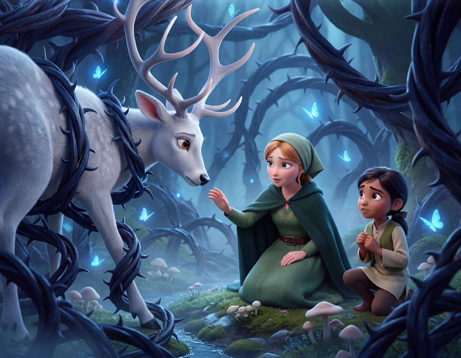 A white stag with silver antlers tangled in dark thorny vines as Cinderella reaches out and a child watches in Cinderella and the Patient Stag.