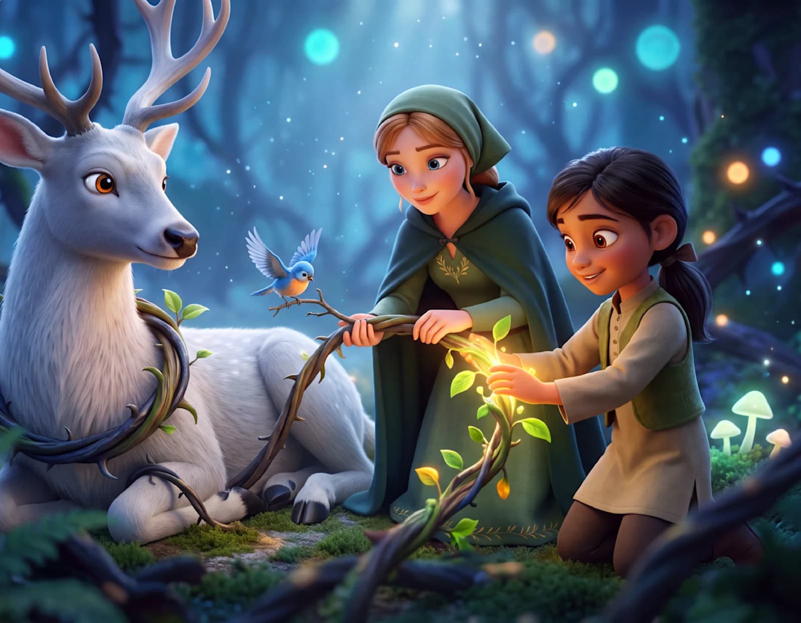 A child and Cinderella gently untangle a glowing vine from the resting Silver Stag in Cinderella and the Patient Stag.