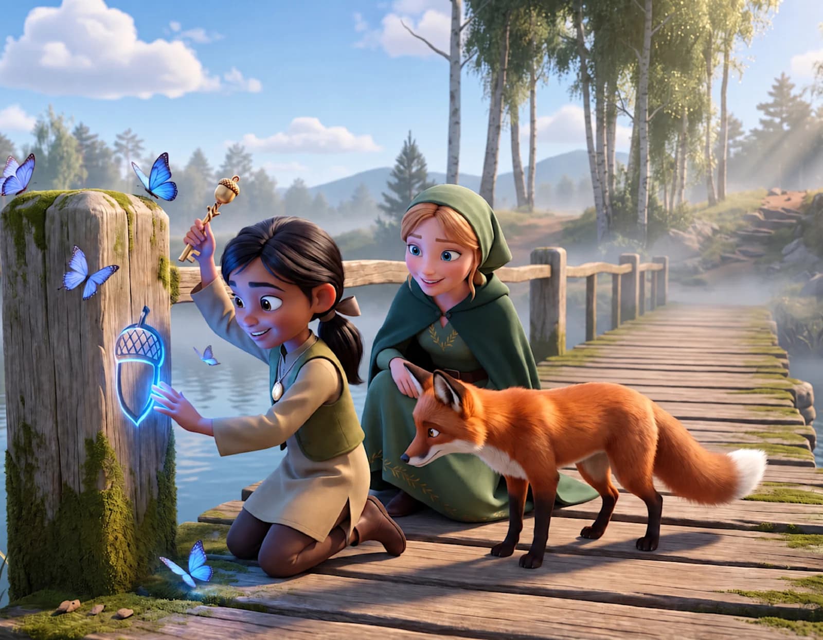 A child touches a glowing acorn carving on a wooden bridge post as Cinderella and the fox look on in Cinderella and the True Treasure.