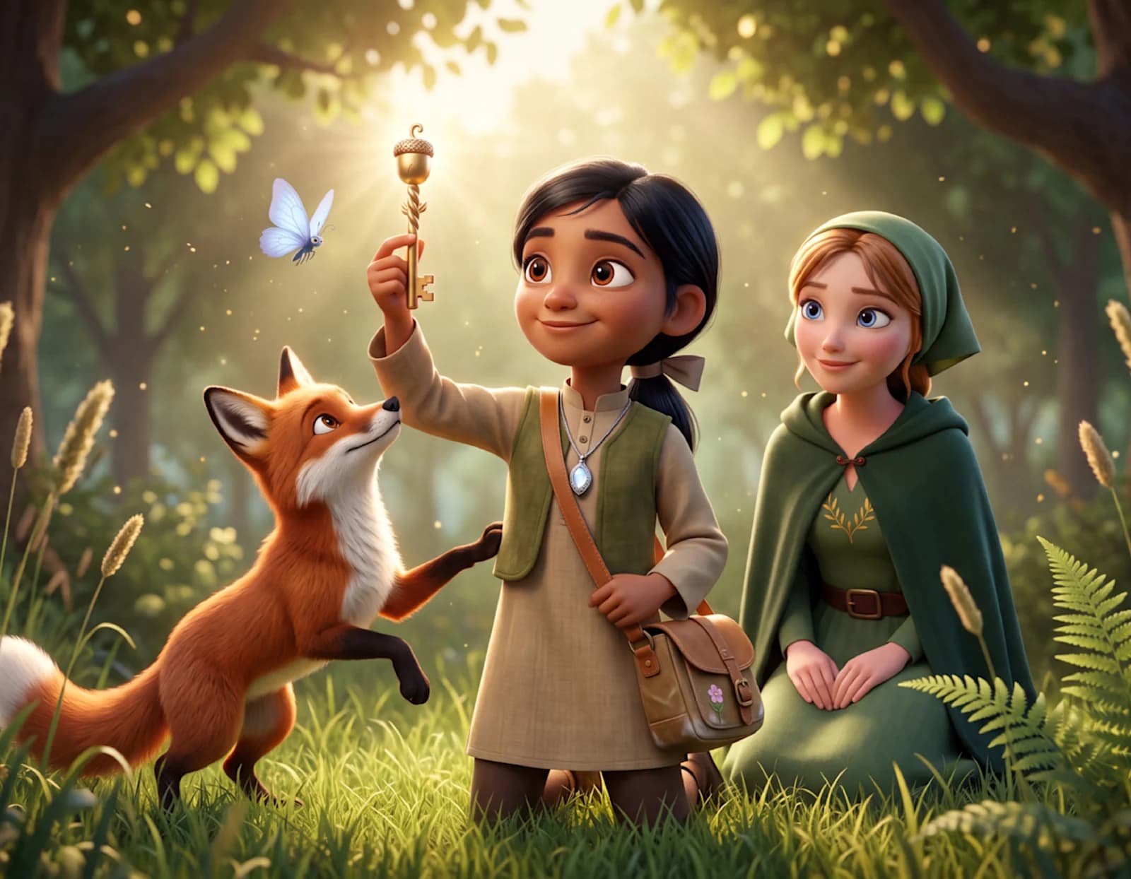 A red fox leaps up as a child holds a golden key high in a sunlit forest meadow beside Cinderella in Cinderella and the True Treasure.