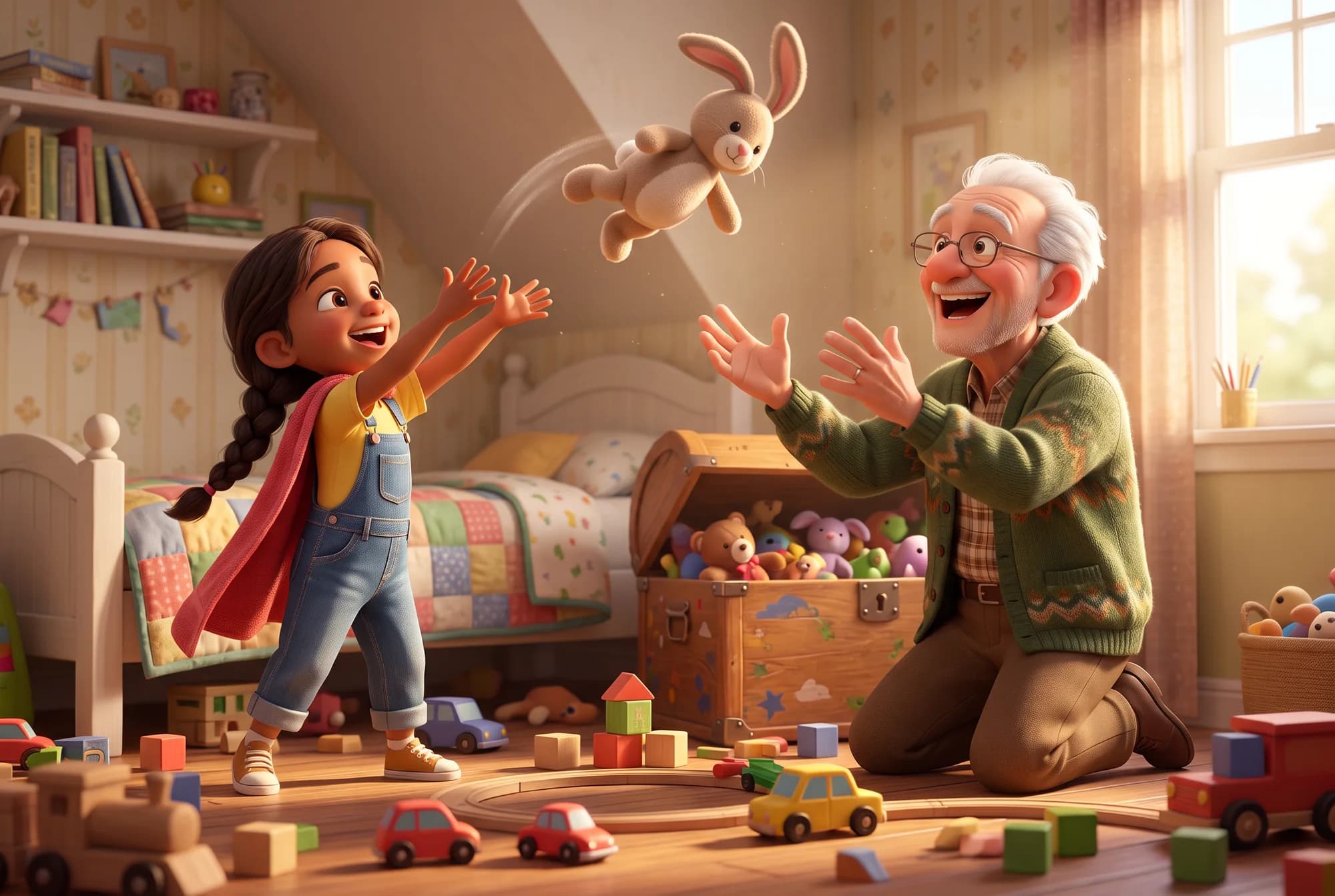 A girl in a red towel cape tosses a stuffed bunny toward her grandfather, who waits by an open toy box to catch it.