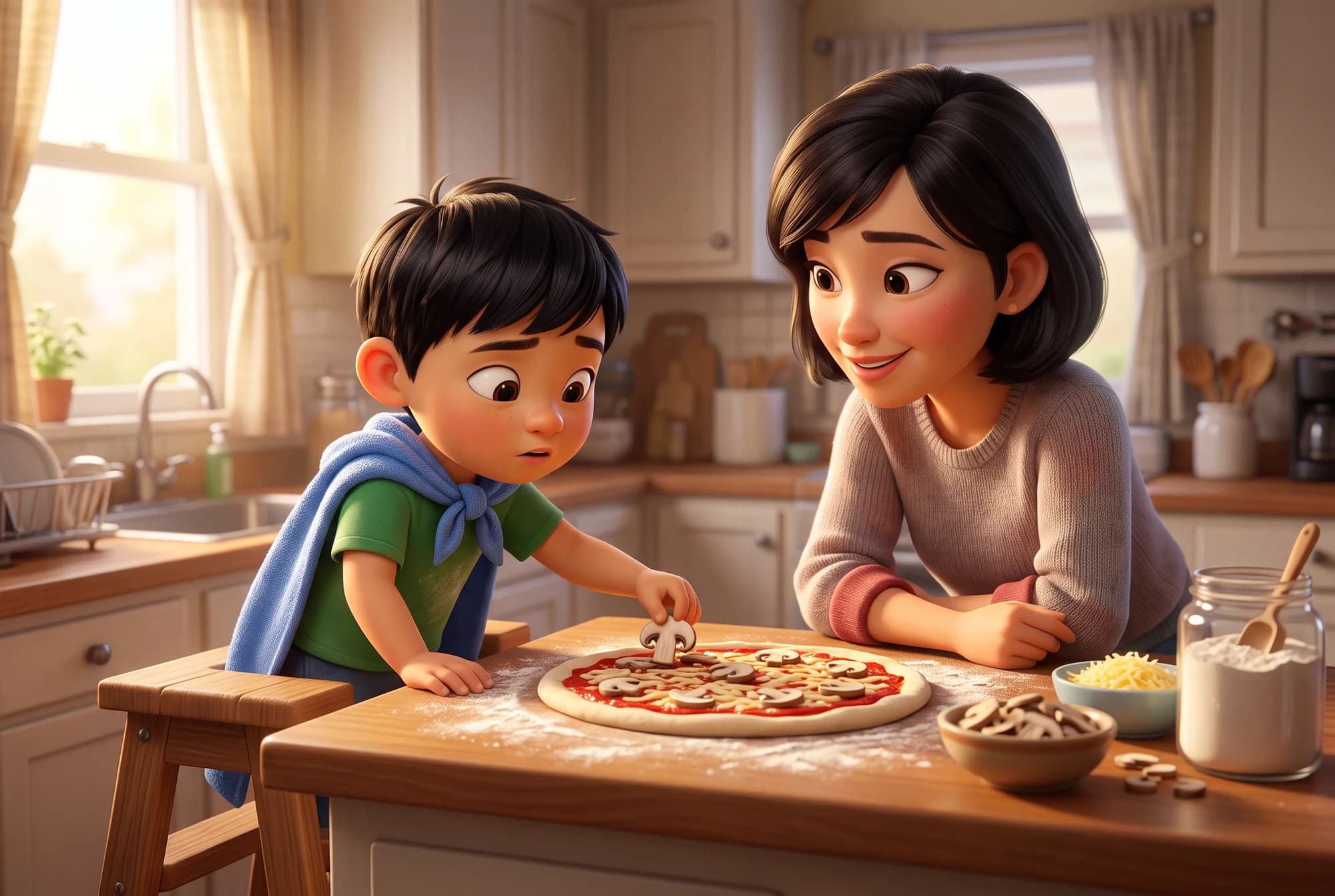 A boy in a blue towel cape places a mushroom slice on homemade pizza dough while his mom watches, smiling.