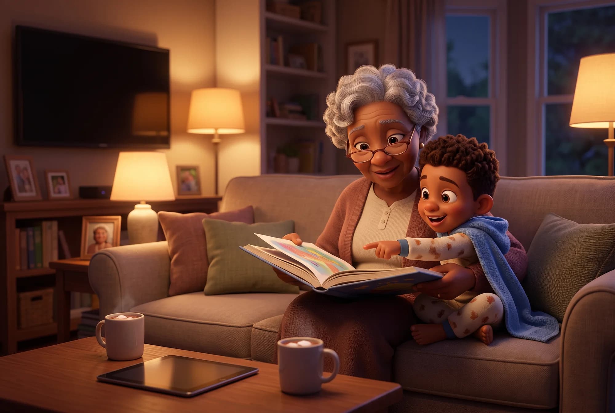 A grandmother reads a picture book to her grandson in a blue towel cape on the sofa, with the television dark and a tablet set aside on the coffee table.