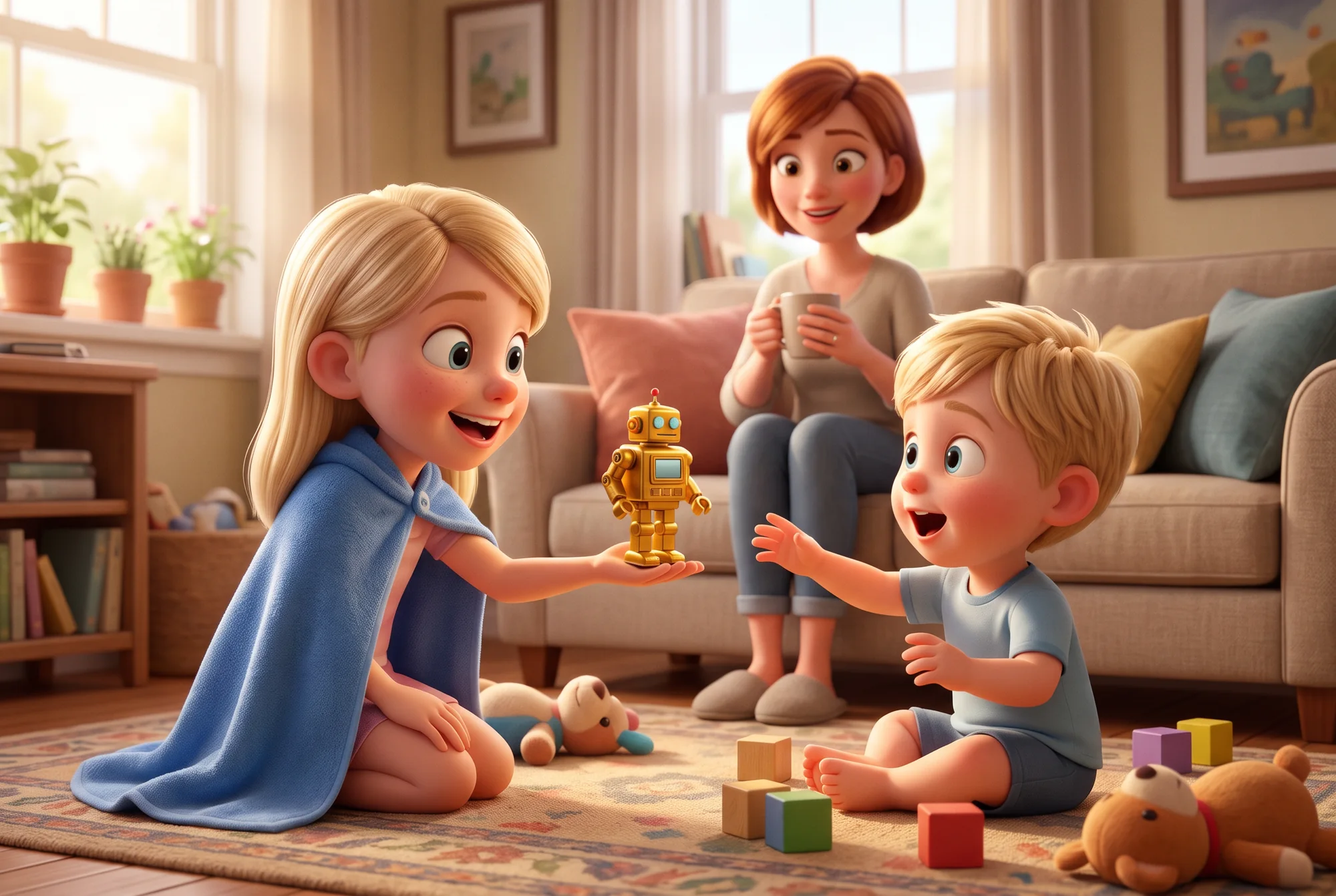A girl in a blue towel cape holds out a gold toy robot to her delighted little brother as their mom smiles from the sofa.