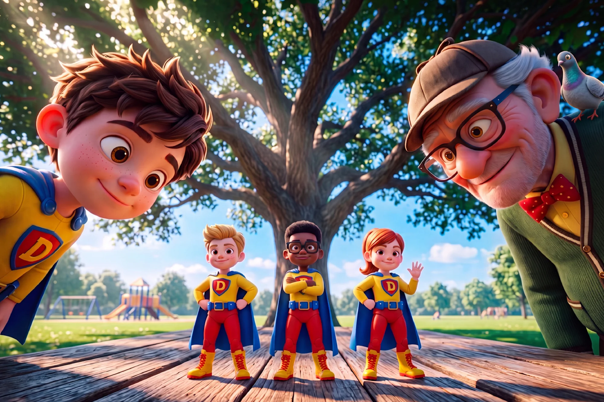 Three tiny Bambareenoes in Defender suits stand on a picnic table between the young hero and Mr. Whackadoodle.
