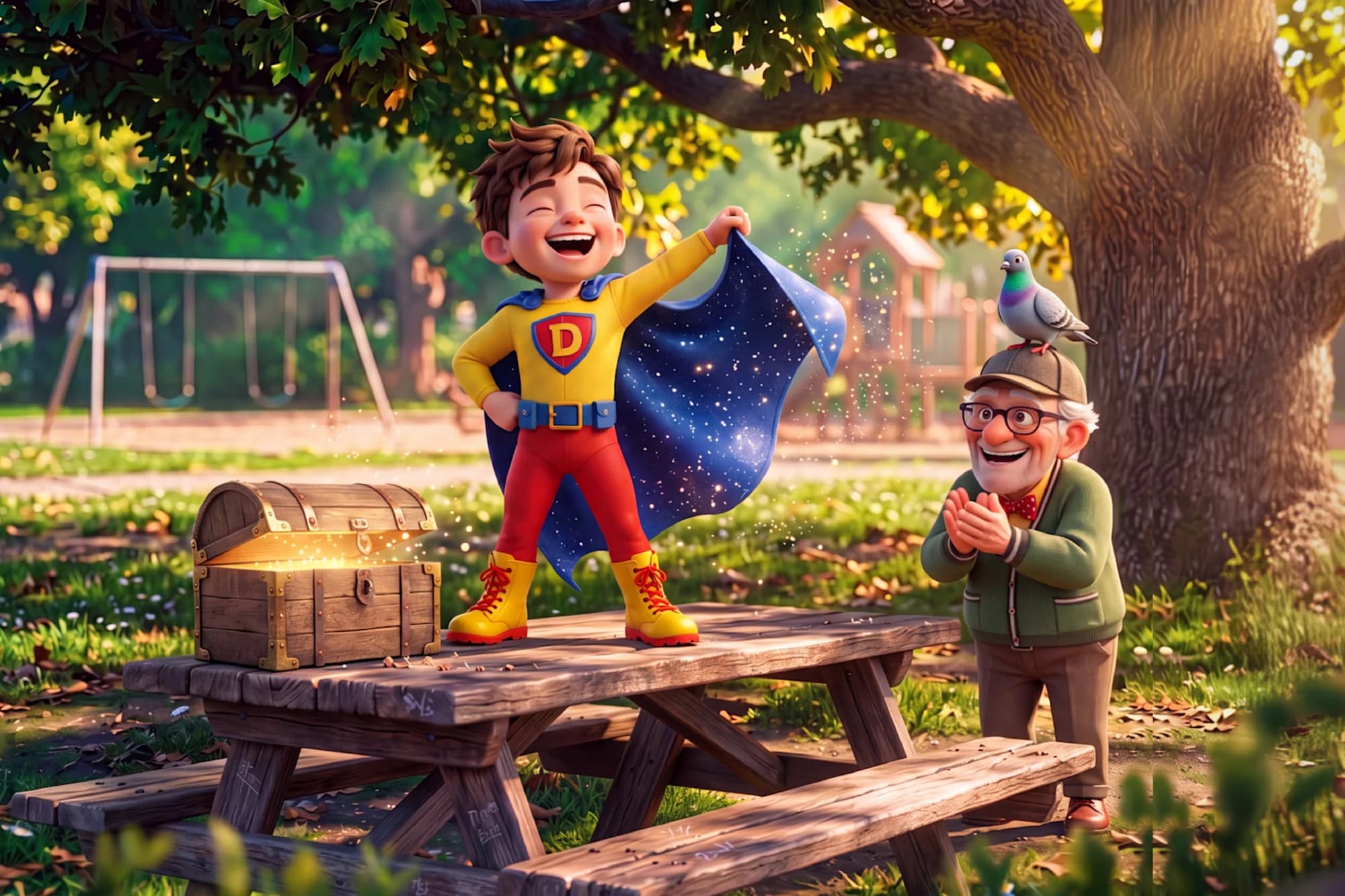 The young hero laughs on a picnic table, holding up a starry blue cape, while Mr. Whackadoodle claps beside an open treasure chest.