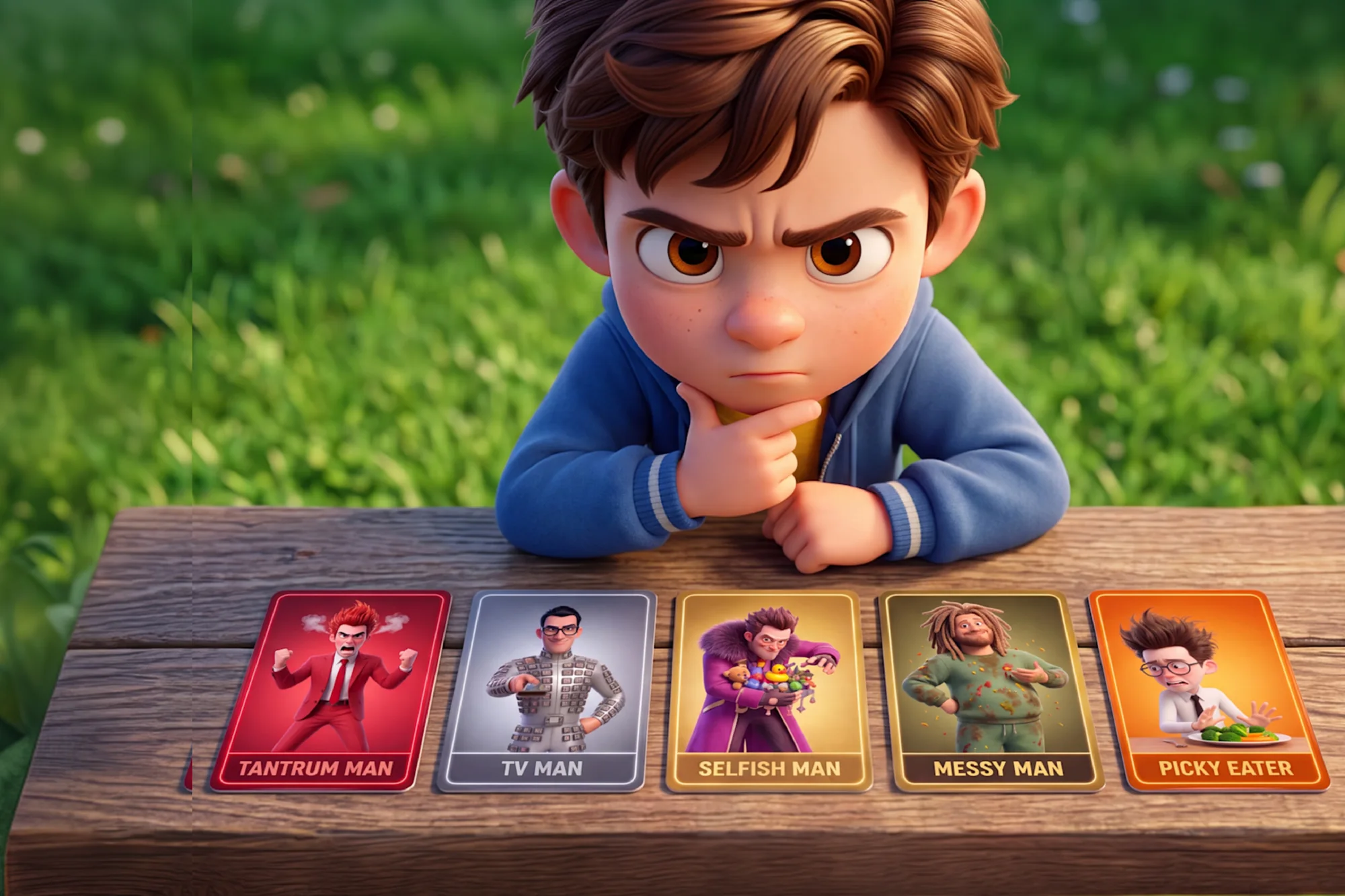 The young hero leans on a picnic table, chin in hand, studying five villain cards.