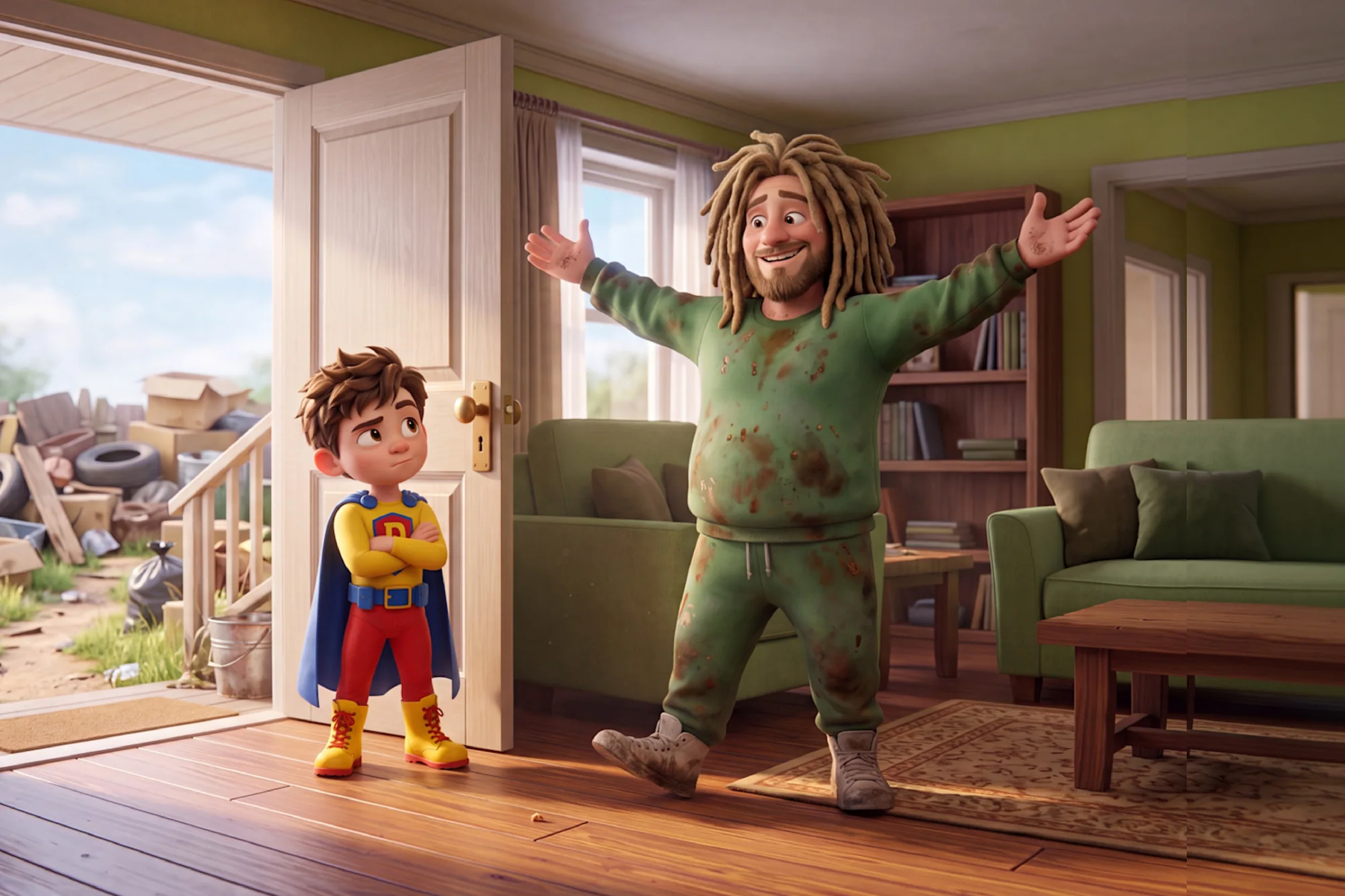 Messy Man in a stained green sweatsuit throws his arms wide to welcome the hero into a spotless living room.