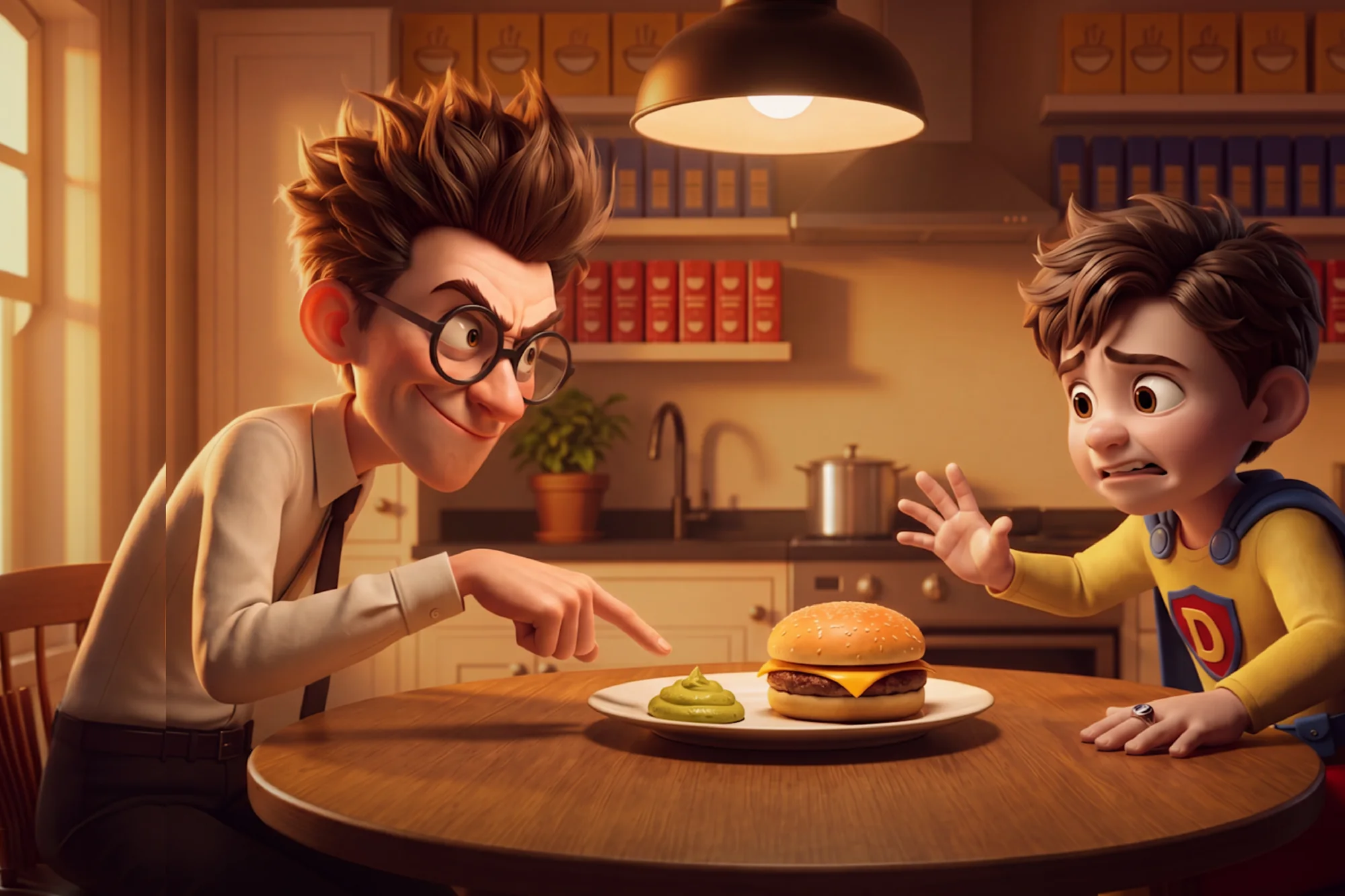 Picky Eater points at green sauce beside a burger while the hero leans away, unsure.