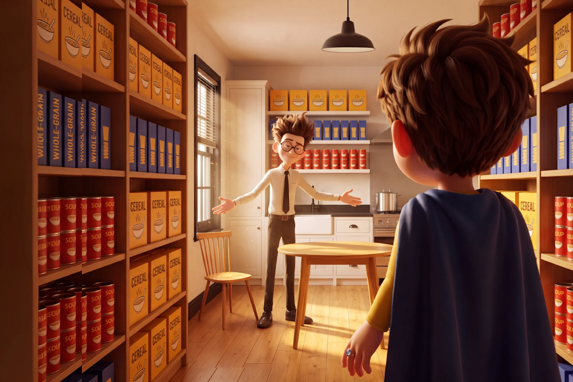 Picky Eater welcomes the hero into a kitchen whose shelves hold the same soup and cereal, row after row.