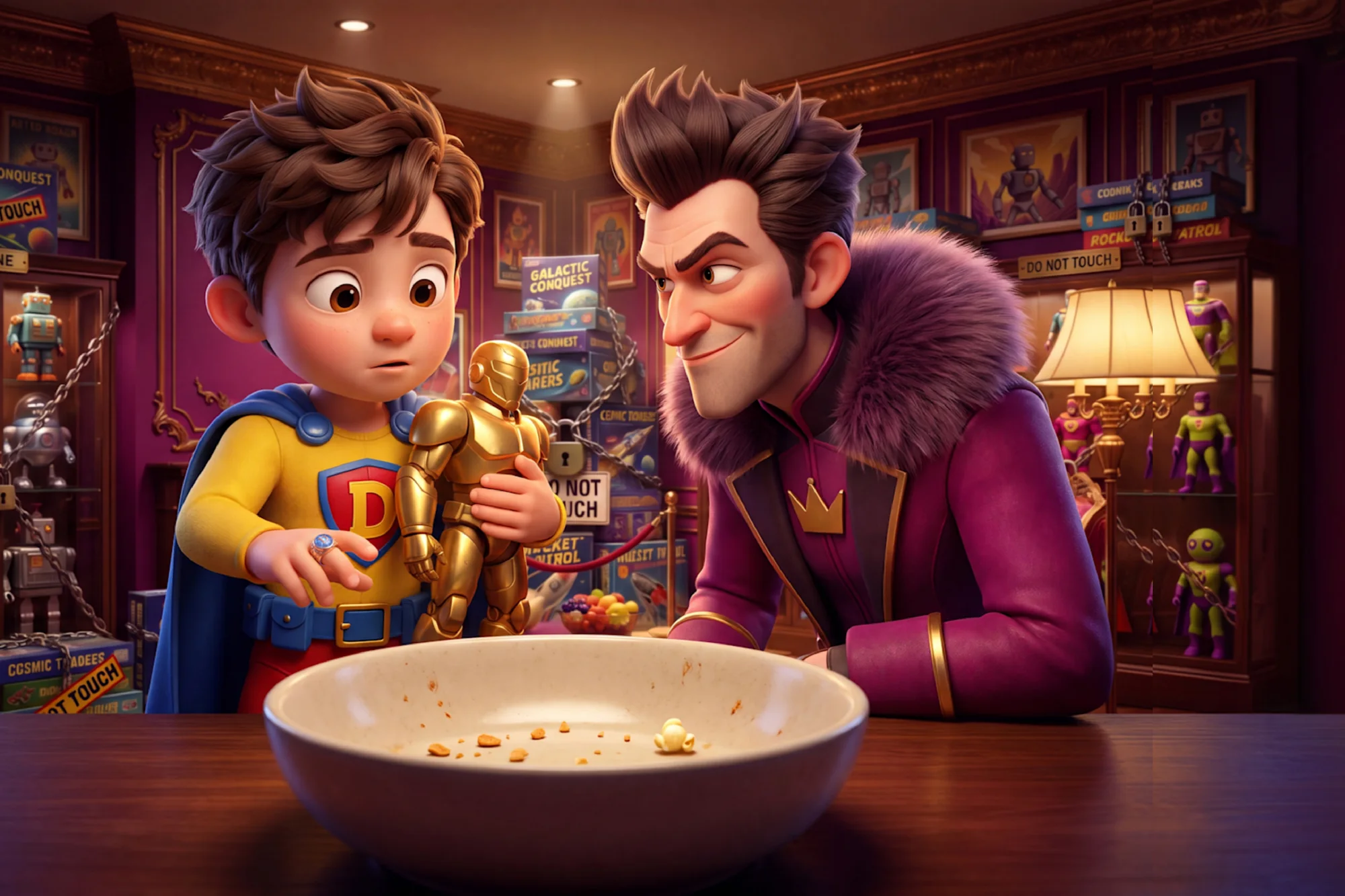 The hero holds a gold action figure beside an empty snack bowl while Selfish Man leans in, eyeing the toy.