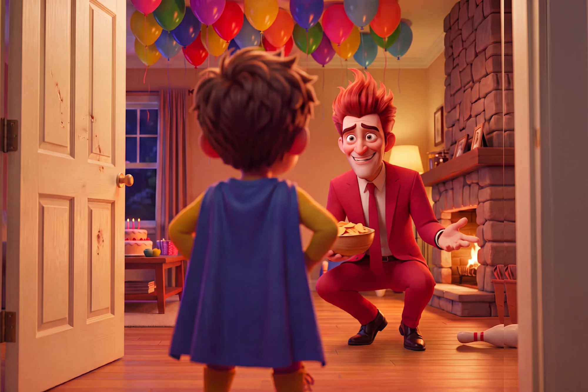 Tantrum Man in a red suit crouches to offer the hero a bowl of snacks in a room full of balloons.