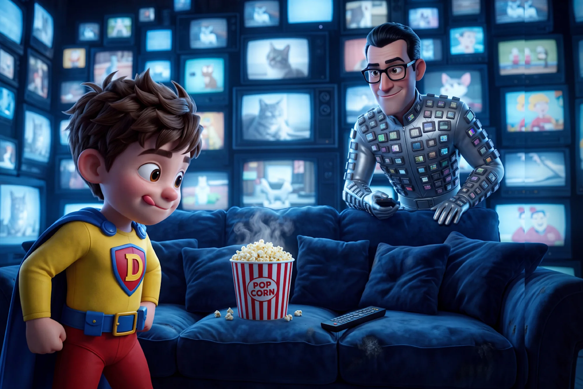 The hero eyes a bucket of popcorn on a soft blue couch as TV Man leans in behind it.