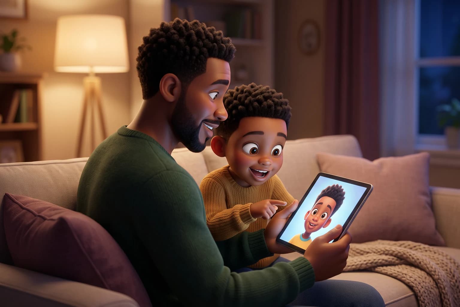 A father holds a tablet showing an illustrated portrait of his son, and the boy points at it with an astonished grin.
