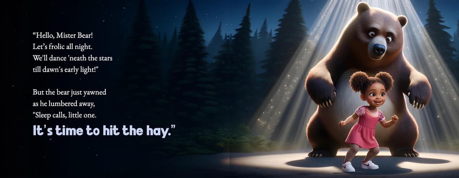 A spread from Even Whales Go to Bed: the example child dances in a beam of moonlight in front of a big bear, beside the text It's time to hit the hay.