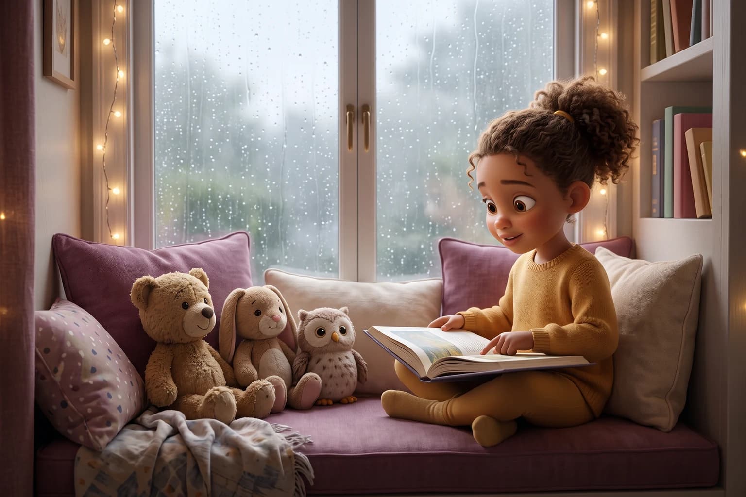 A girl in a honey-yellow sweater reads an open picture book aloud to a teddy bear, a bunny and an owl on a window seat on a rainy day.