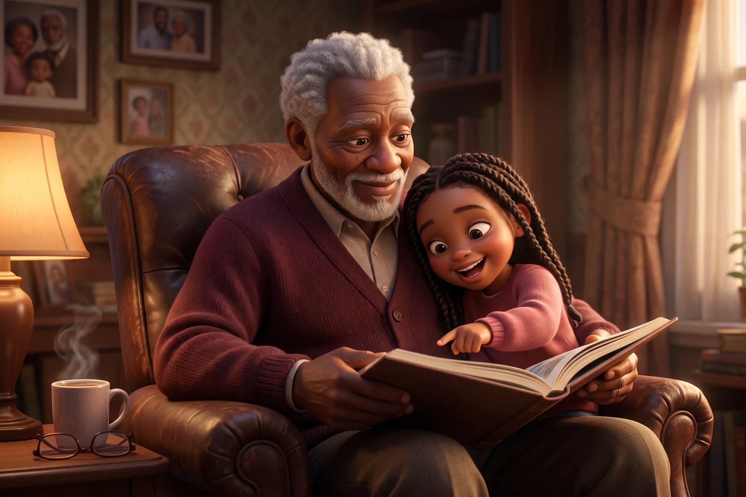 A grandfather in a burgundy cardigan reads a picture book in a leather armchair while his granddaughter points at the page and laughs.