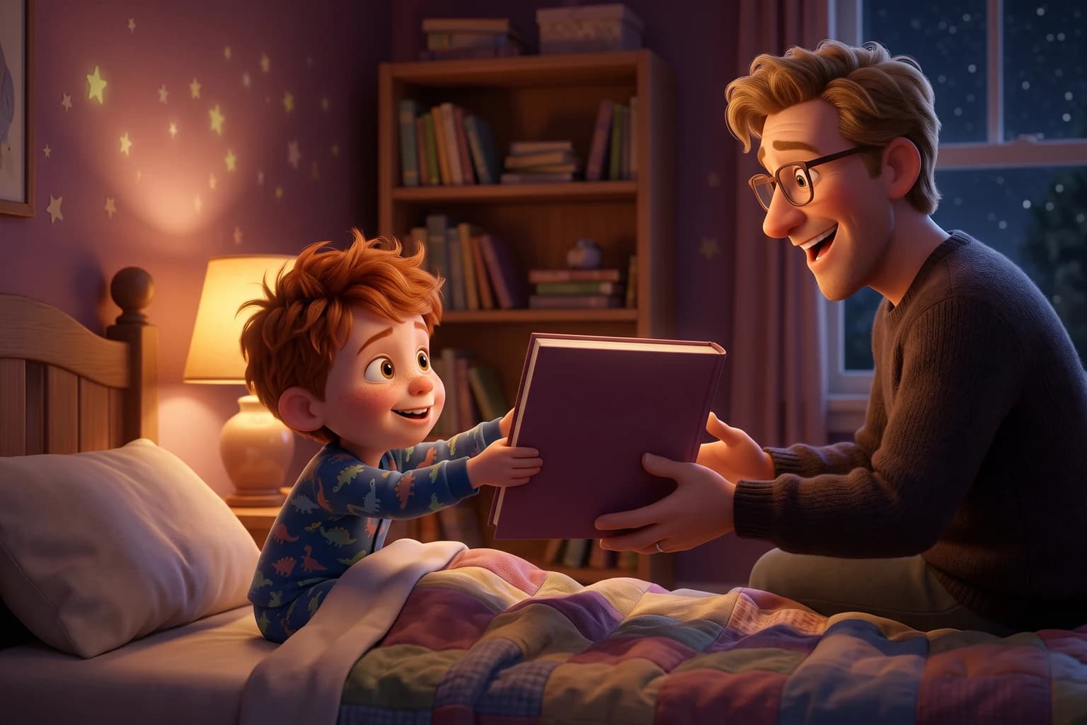 A red-haired boy in dinosaur pajamas holds a book out to his laughing father at bedtime, asking for one more read.