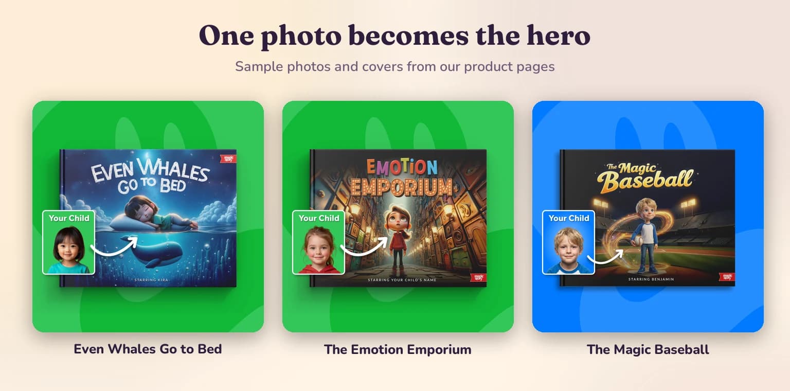 Three product images, each pairing a sample child's photo with the cover it became: Even Whales Go to Bed, The Emotion Emporium and The Magic Baseball.