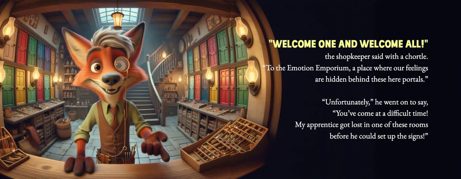 A spread from The Emotion Emporium: the fox shopkeeper welcomes the reader into a shop lined with colorful doors.