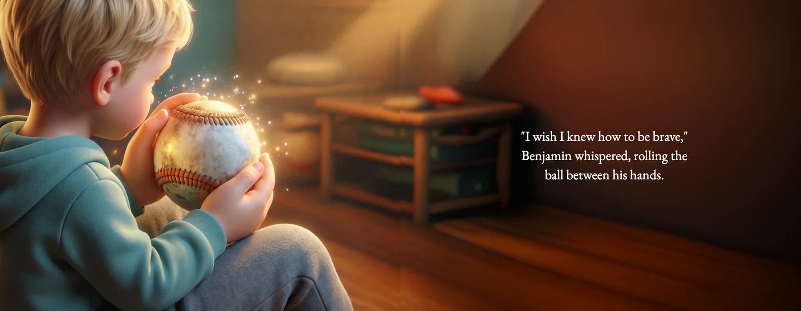 A spread from The Magic Baseball: the example child holds a glowing, sparkling baseball, beside the text I wish I knew how to be brave.