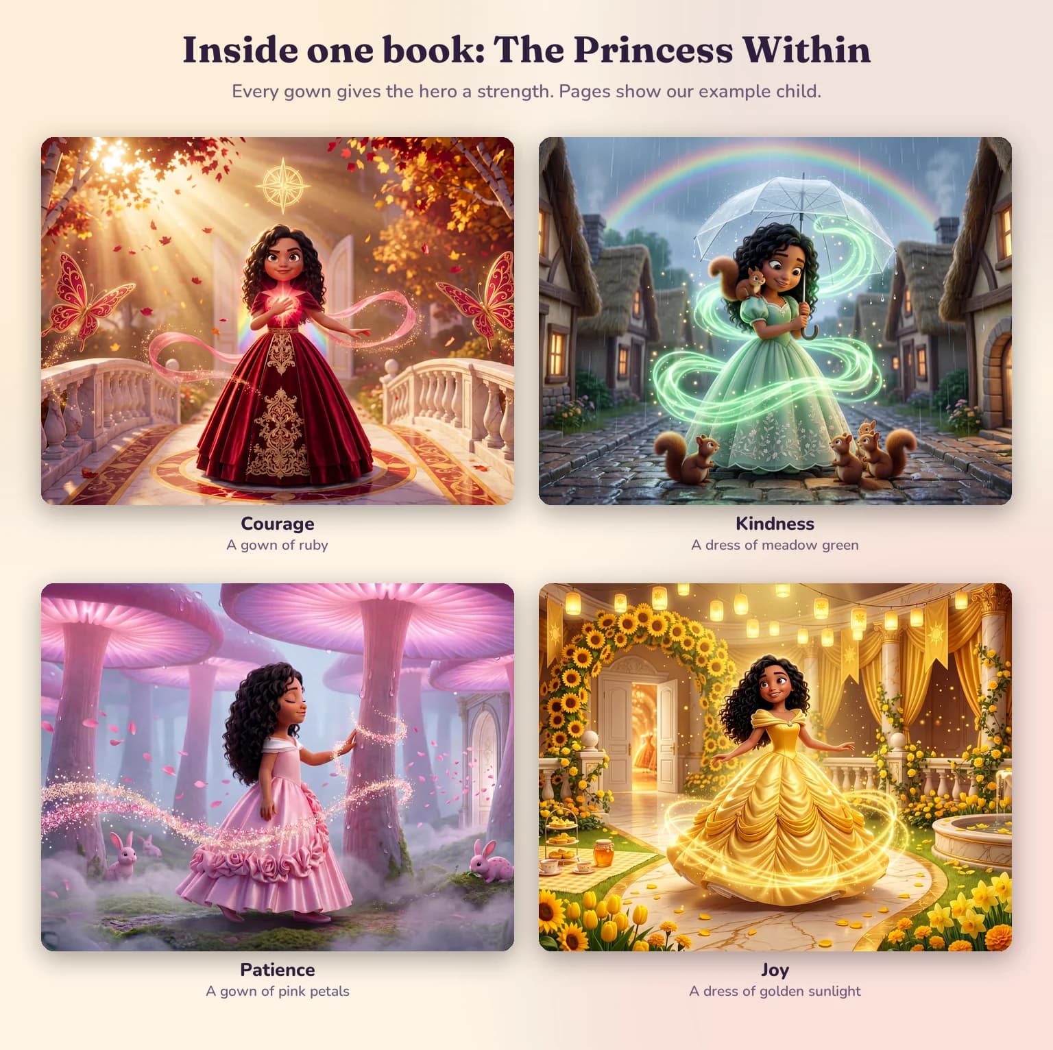 Four pages from The Princess Within: the example child in a ruby gown for courage, a meadow-green dress for kindness, a pink petal gown for patience and a golden dress for joy.