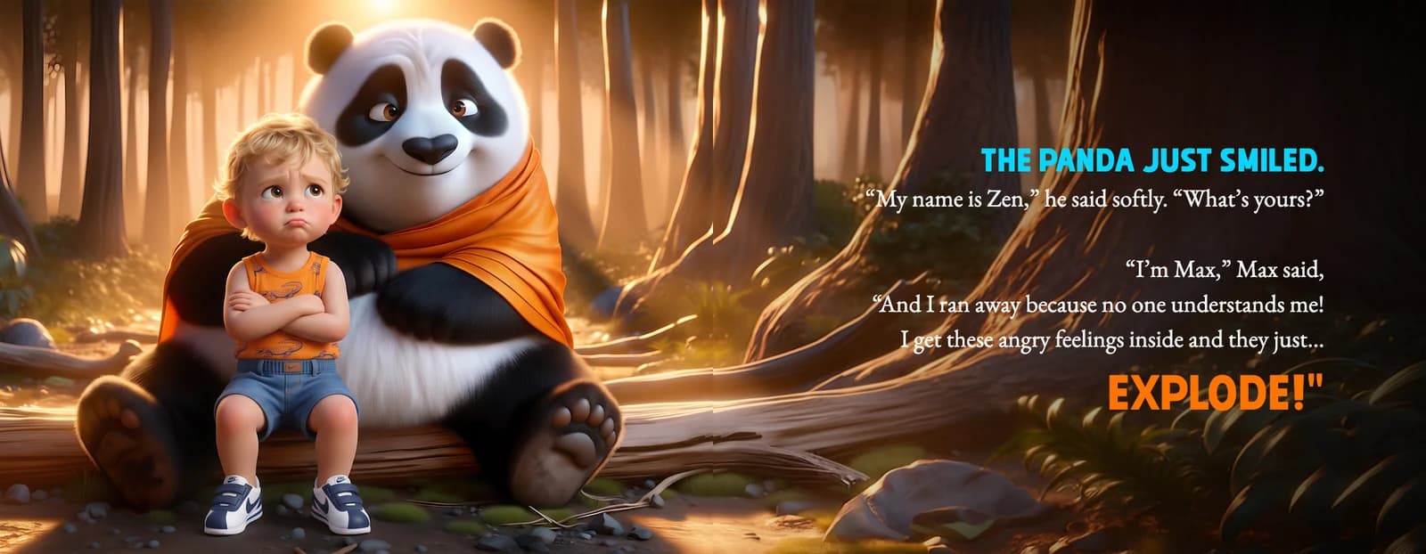 A spread from Zen and the Storm Inside: the example child sits with crossed arms beside Zen the panda on a log in a sunlit forest.